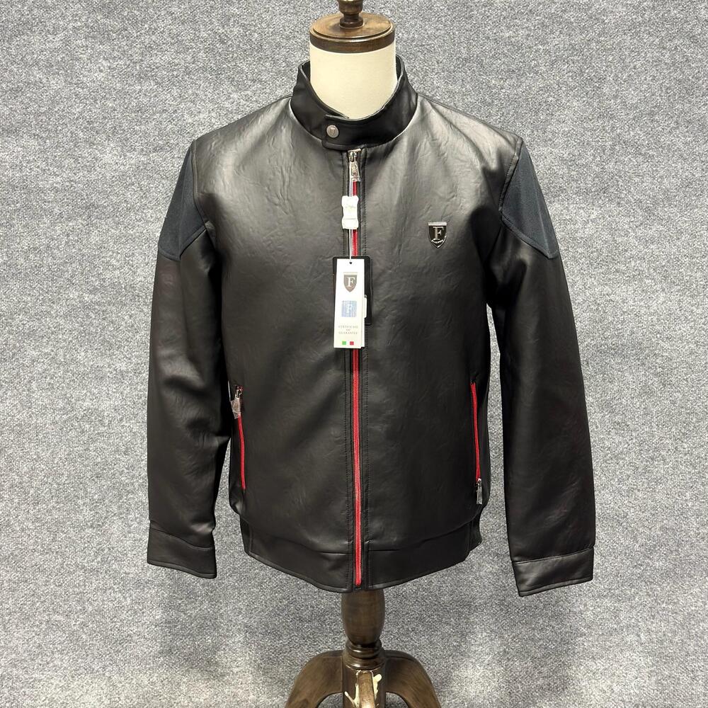 F Collections Jacket Mens Medium Black Faux Leather Motorcycle Quilted Zip